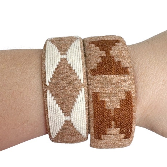 Brown & White Yarn Wrapped Aztec Native Pattern Cuff Bracelets - Picture 2 of 10